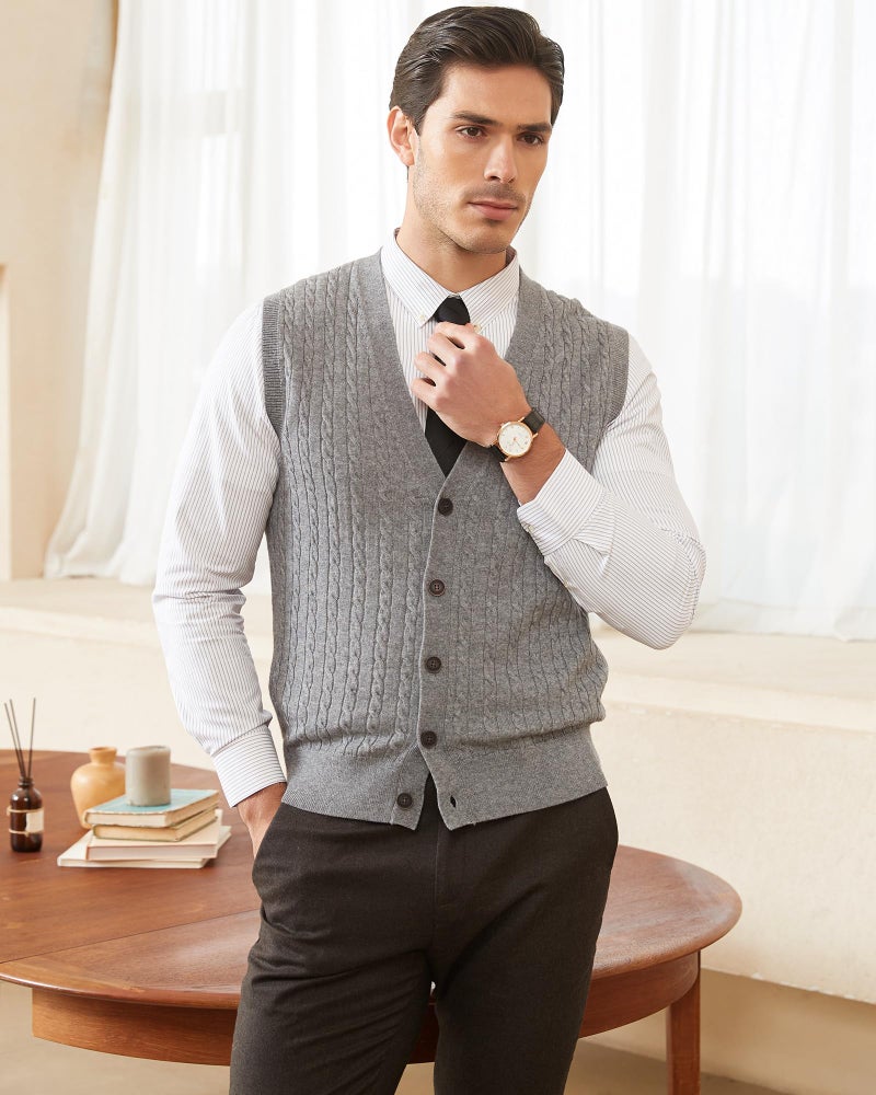 Kallspin Men's Cable Knit Sweater Vest Wool Blend V Neck Button Down Sleeveless Cardigan Vest(Light Grey, 2X-Large) - Image 5